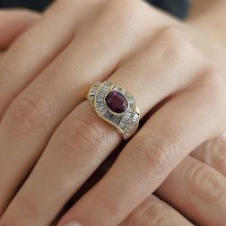 Photo of worn Yellow Gold Art Deco Band Ring with Ruby and Diamonds