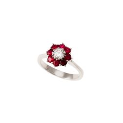 Anello Fiore con Rubino e Diamante Oro Bianco