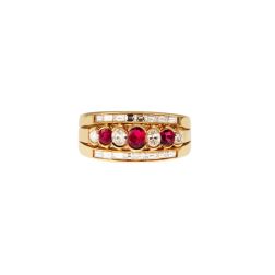 Anello tripla Fascia Oro Giallo con Rubini e Diamanti