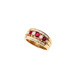 Anello tripla Fascia Oro Giallo con Rubini e Diamanti