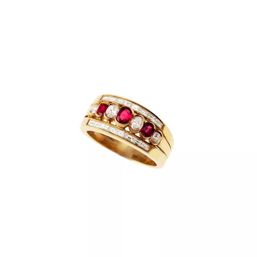 Anello tripla Fascia Oro Giallo con Rubini e Diamanti