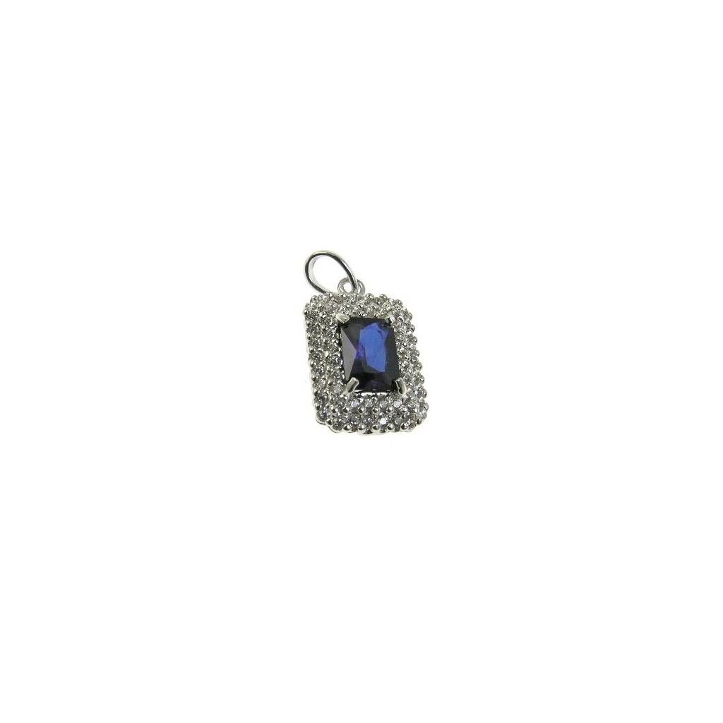 Ciondolo Rettangolare Blu con doppio contorno zirconi su oro bianco