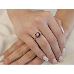 Photo of worn Flower Ring with Ruby and Diamond White Gold