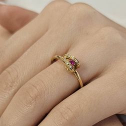 Photo of worn Yellow Gold Ring Ruby Eye and Diamonds