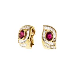 Yellow Gold Art Deco Earrings with Ruby and Diamonds