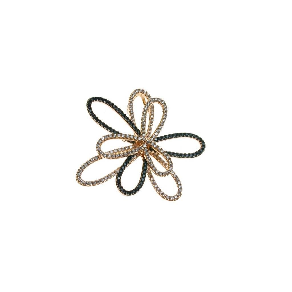 Ciondolo Fiore Stilizzato con Zirconi Bianchi e Neri in Oro Rosa