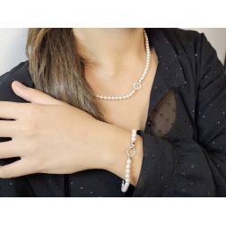 Photo of worn Bracelet Akoya Pearls Necklace with 18kt White Gold Square clasp