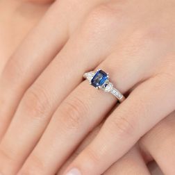 photo of worn Octagonal-cut Sapphire Solitaire Ring with Diamonds