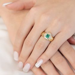photo of worn Yellow Gold Vintage Style Band Ring with Emerald and Diamonds