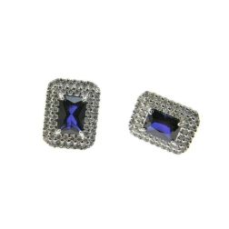 Orecchini Rettangolari Blu con doppio contorno zirconi su oro bianco