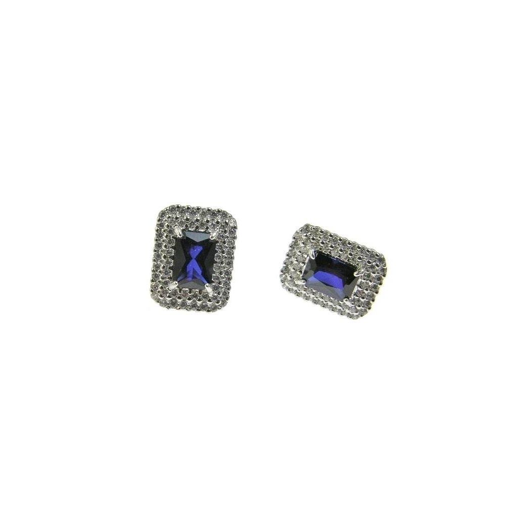 Orecchini Rettangolari Blu con doppio contorno zirconi su oro bianco