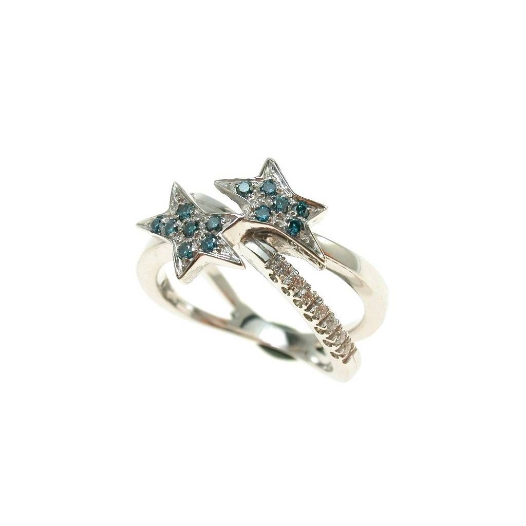 2 Stars Diamonds and Blue Diamonds Ring in White Gold