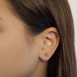 Photo of worn Green Zircon Light Point Earrings 4mm Yellow Gold