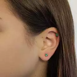 Orecchini Punto Luce Zircone Verde 4mm su Oro Giallo foto indossata