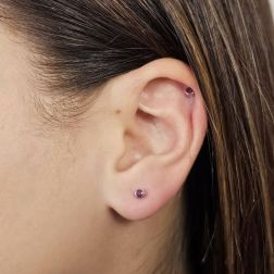 Photo of worn Red Zircon Light Point Round Earrings 3.2mm White Gold