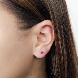 Photo of worn Red Zircon Light Point Earrings 3.5mm Yellow Gold