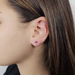 Photo of worn Red Zircon Light Point Earrings 3.5mm Yellow Gold