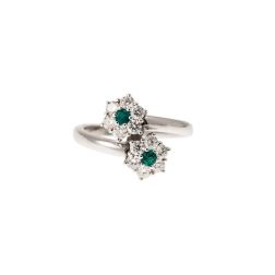 Medium Double Flower Diamonds and Emeralds Ring
