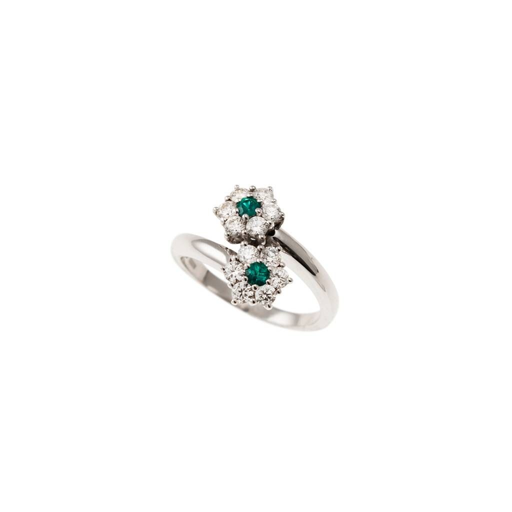 Medium Double Flower Diamonds and Emeralds Ring