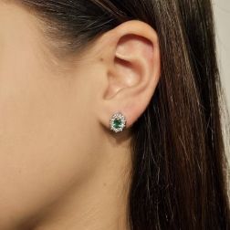 Photo of worn 6x4mm Emerald with 20 Diamonds Kate earrings