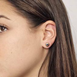 Photo of worn Blue Sapphire round bezel earrings 8mm Yellow Gold