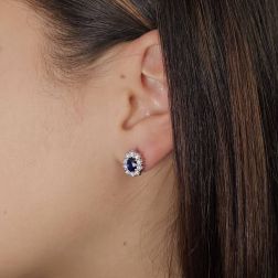 Photo of worn 6x4mm Blue Sapphire with 20 Diamonds Kate earrings