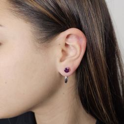 Photo of worn Double light point earrings with Rodolite and Diamonds in white gold