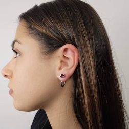Photo of worn Double light point earrings with Rodolite and Diamonds in white gold