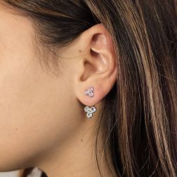 Photo of worn Circle 3 Motif Earrings with Aquamarine and Rose Sapphires