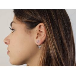 Photo of worn Circle 3 Motif Earrings with Aquamarine and Rose Sapphires