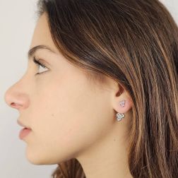 Photo of worn Circle 3 Motif Earrings with Aquamarine and Rose Sapphires