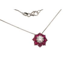 Flower Necklace with 0.29ct Diamond and Rubies in White Gold