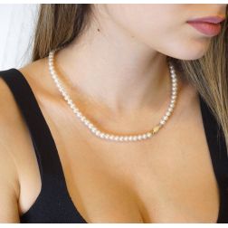 Yellow Gold Diamond Barrel Pearl Necklace worn