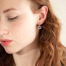 Photo of worn Kate Blue Sapphire Earrings 7x5mm and 32 Diamonds