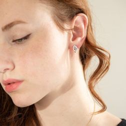 Photo of worn Kate Staggered Earrings with 6x4mm Aquamarine and Diamonds