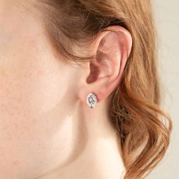 Photo of worn Kate Staggered Earrings with 6x4mm Aquamarine and Diamonds