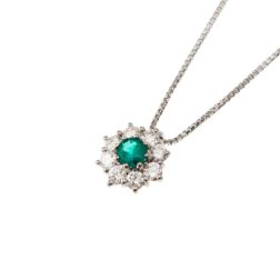 Flower Necklace with 0.12ct Emerald and Diamonds in White Gold
