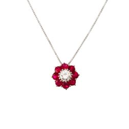 Flower Necklace with 0.29ct Diamond and Rubies in White Gold