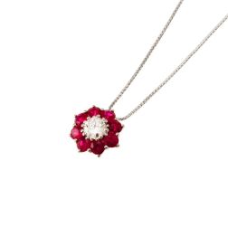Flower Necklace with 0.29ct Diamond and Rubies in White Gold