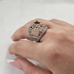 Photo of worn Star and Heart Design Ring with Diamonds and Blue Sapphires