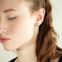 Photo of worn Pendant Earrings with Emerald and Diamonds in White Gold