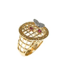 Anello Design a rete con Diamanti Rubini e Zaffiri in Oro Giallo