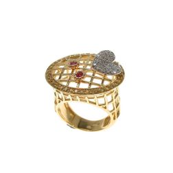 Anello Design a rete con Diamanti Rubini e Zaffiri in Oro Giallo
