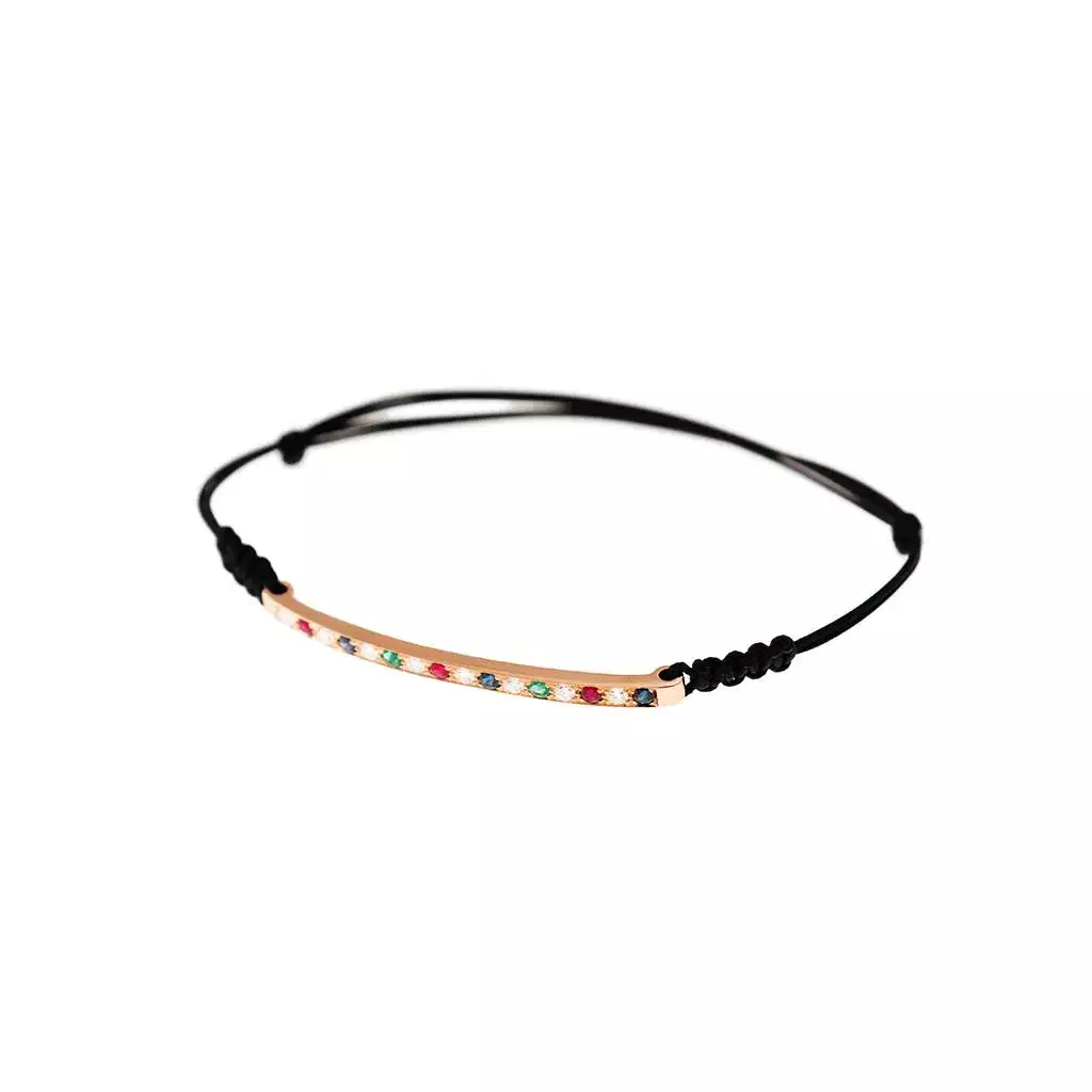 Bracciale Laccetto con Targa in Oro Rosa e Pietre Preziose