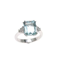 Anello Solitario con Acquamarina Ottagonale 10x8mm e 6 Diamanti