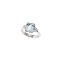 Anello Solitario con Acquamarina Ottagonale 10x8mm e 6 Diamanti