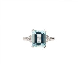 Solitaire Ring with Octagonal Aquamarine 11x9mm and Diamonds - Italian Size 13