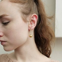 Photo of worn Pendant Earrings with Gold Pearl and Brown Diamonds