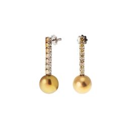 Pendant Earrings with Gold Pearl and Brown Diamonds