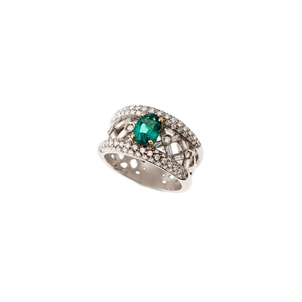 Anello a fascia ''Renaissance'' con Smeraldo ovale e Diamanti